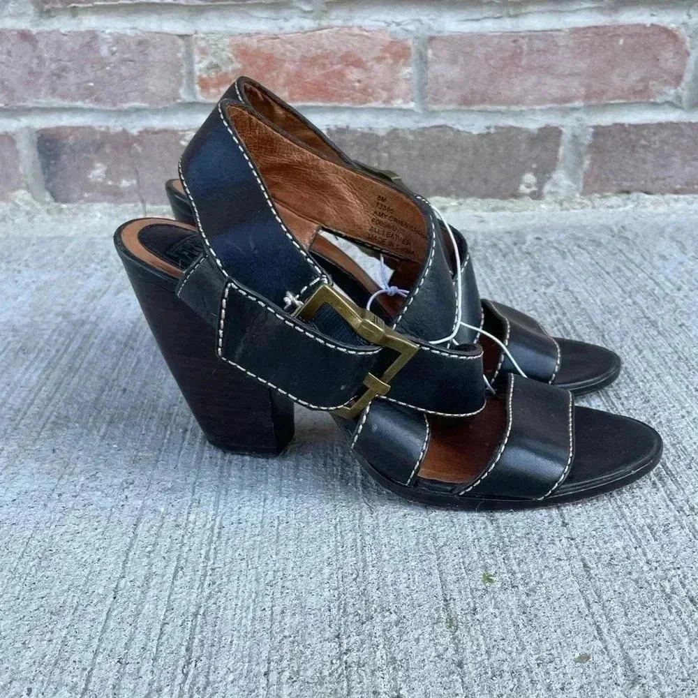 Frye Amy criss cross black leather heels size 8 Block Strappy